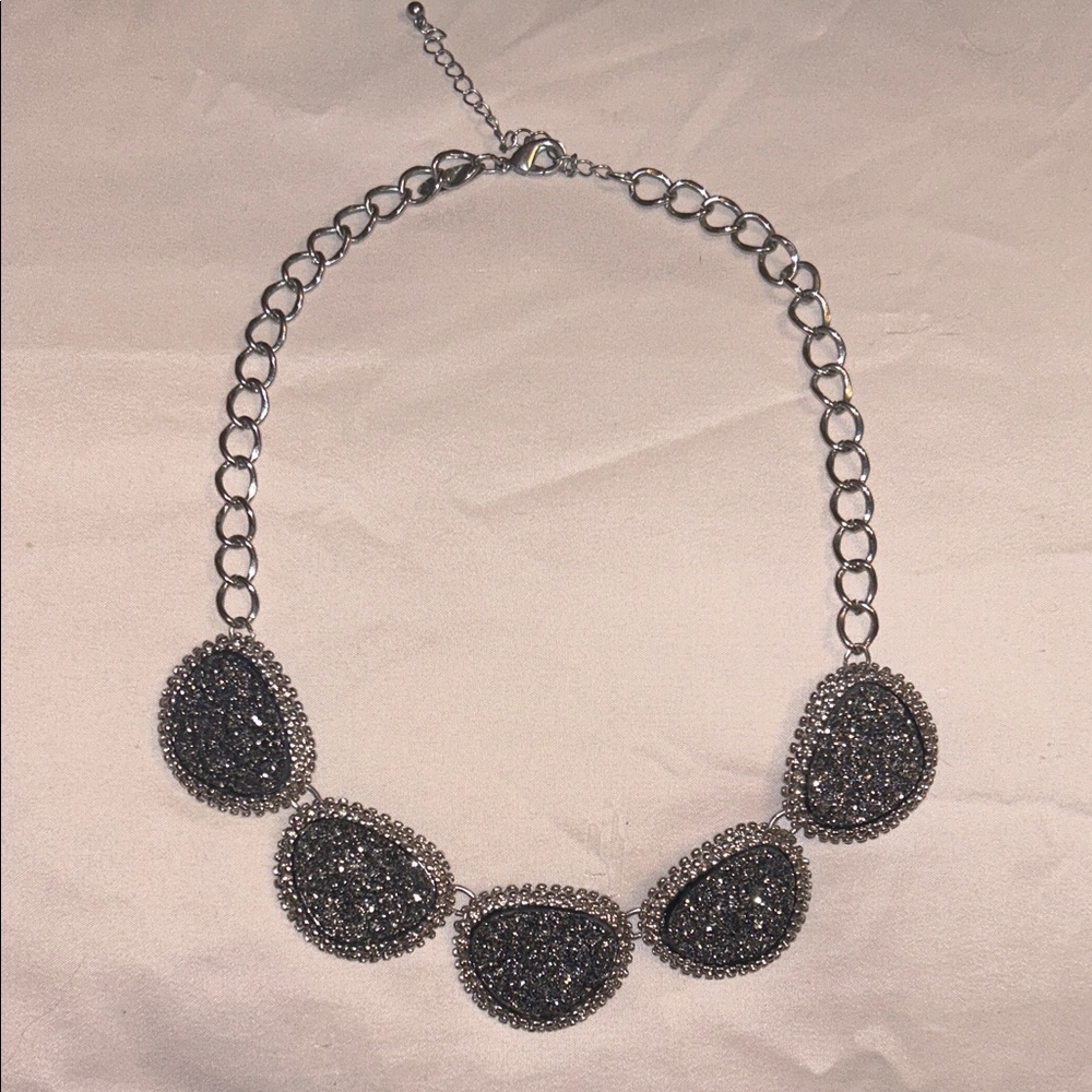 New York & Company Silver/Gray Sparkle Necklace with Blackish/Grayish Stones